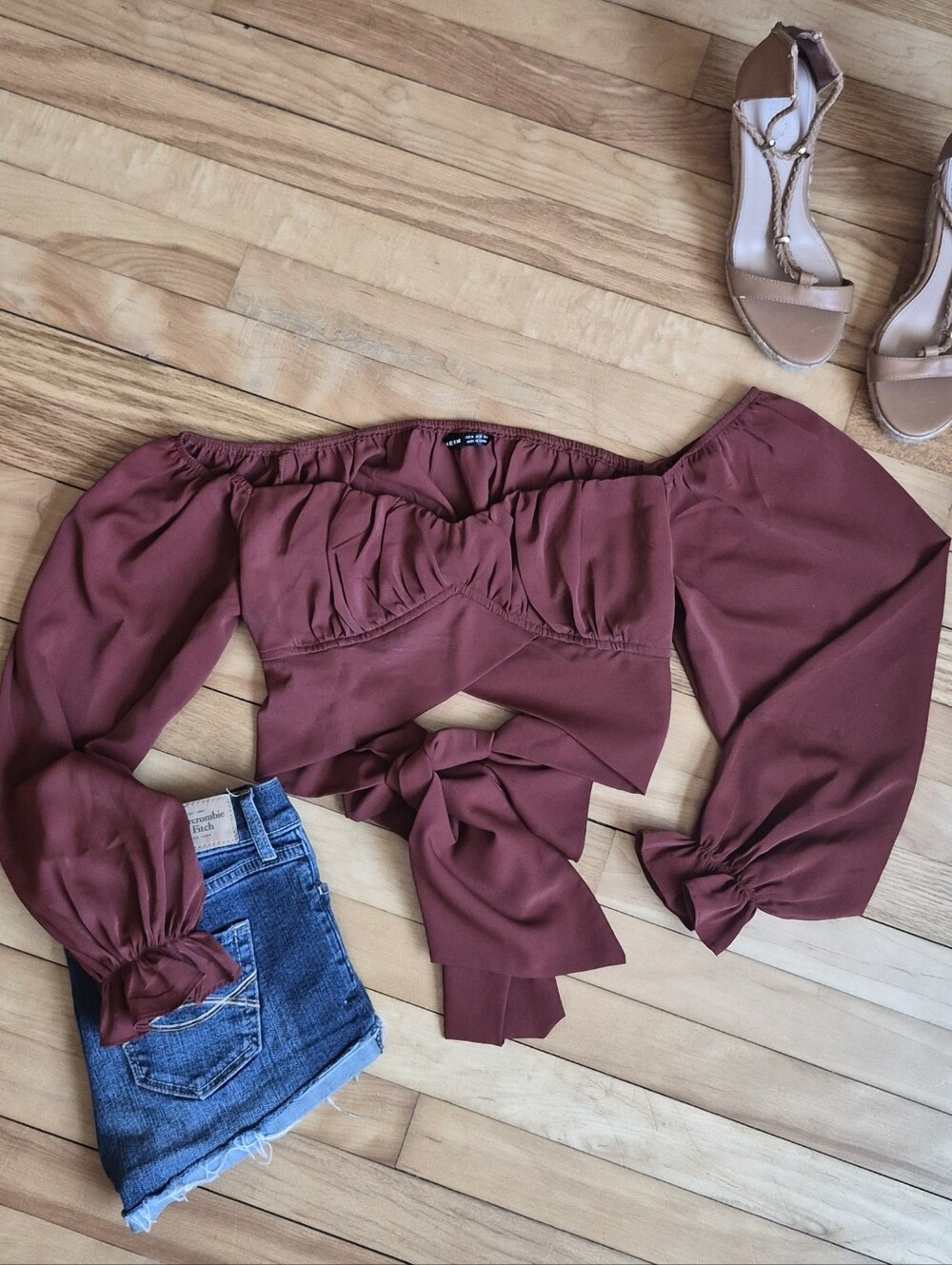 SHEIN Rust Off-Shoulder Tie-Front Crop Top